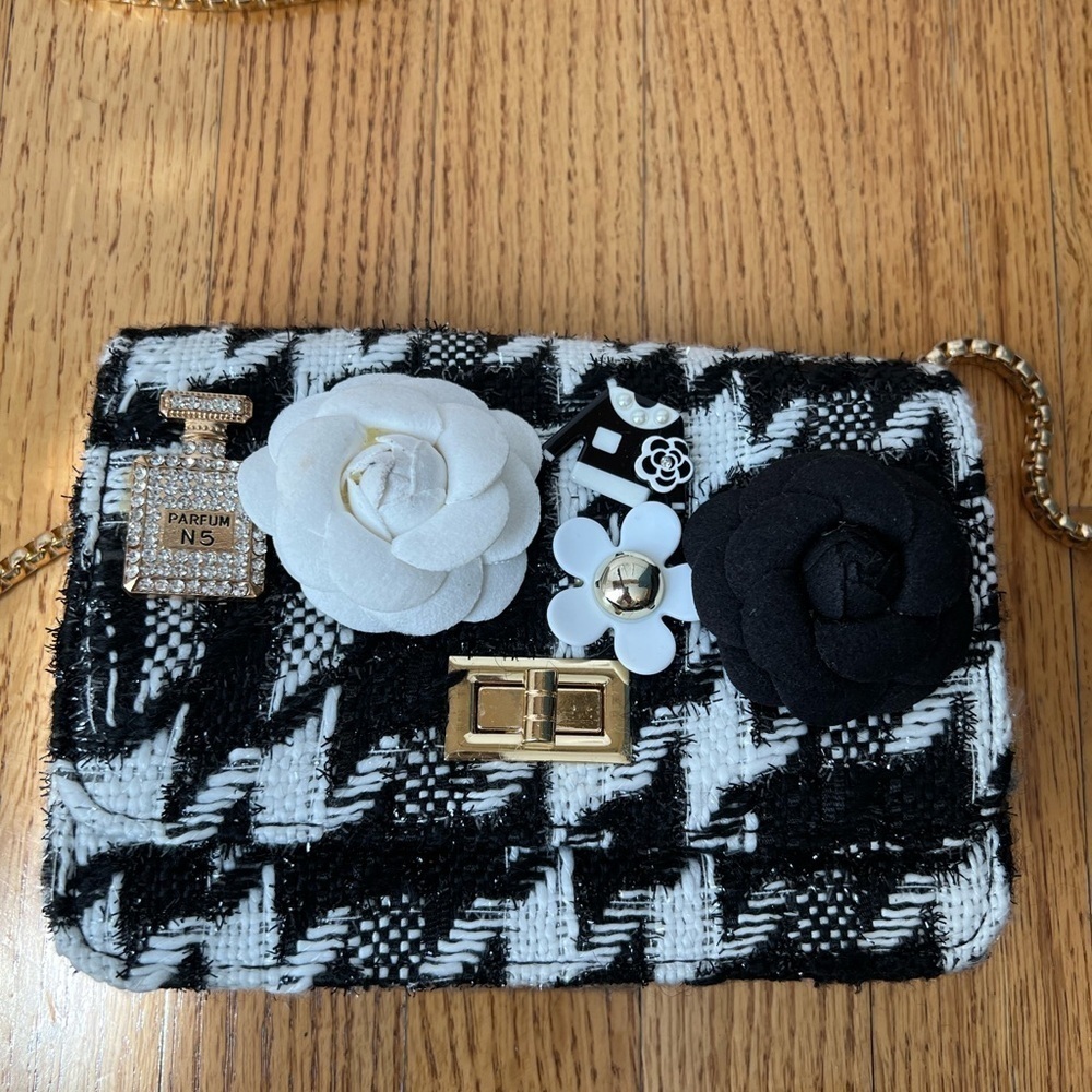 Houndstooth Crossbody Shoulder Bag Floral Rhinestone Accents Luxury Cocktail